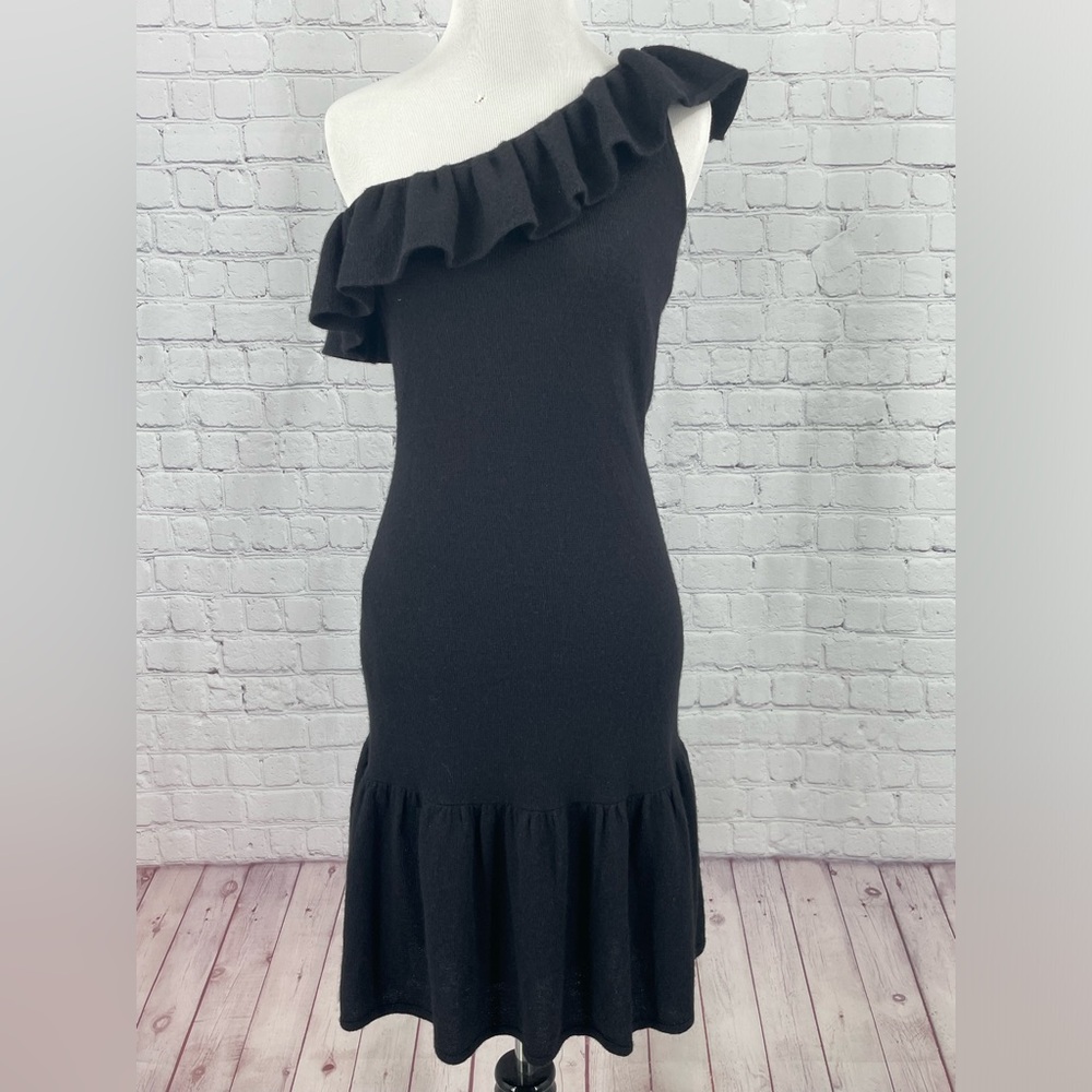 Rugby Ralph Lauren One Shoulder Fitted Ruffle Dress Black Alpaca Wool Silk xs